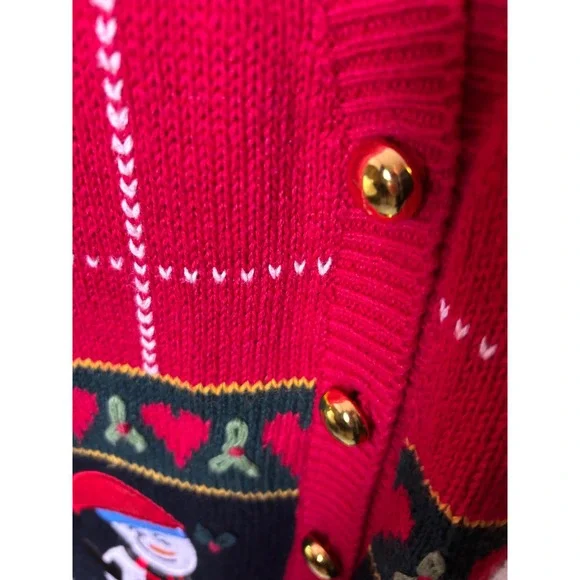 Vintage Cottagecore Red Christmas Snowman Tree Sweater Women 14/16 Cardigan - Picture 7 of 13